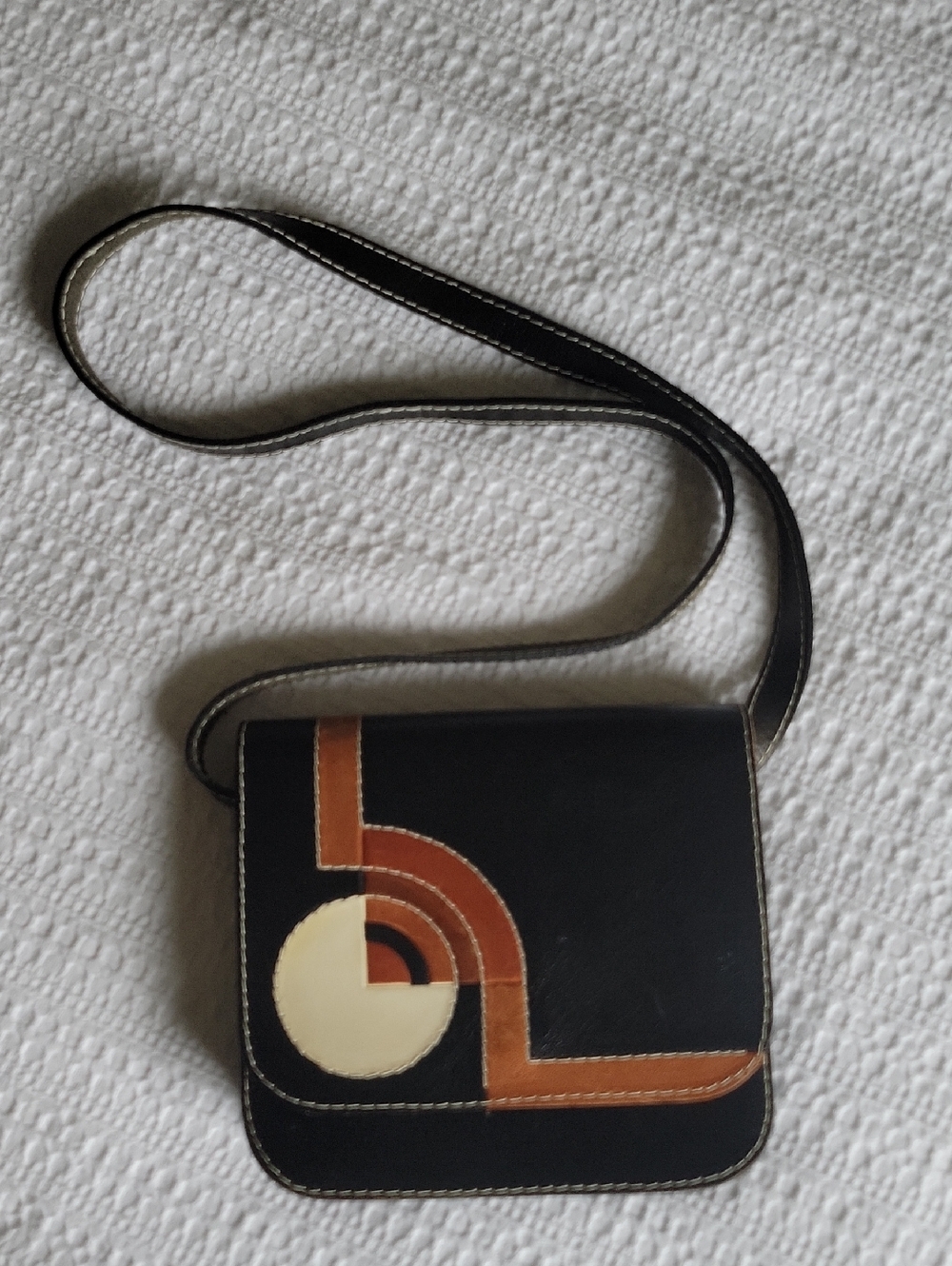 Black Crossbody Bag Geometric Mod Retro 70s Brown Cream Shoulder Purse